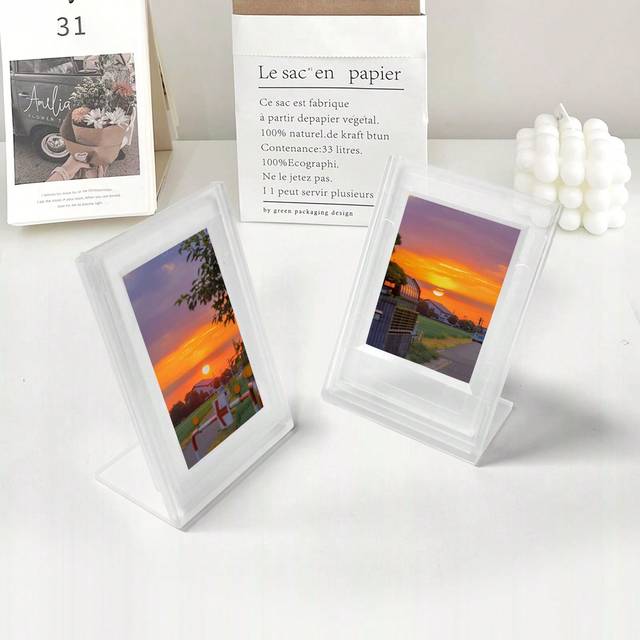 SHEIN 2pcs Simple Clear 3 Inch L-shaped Photo Frame For Desktop Acrylic Transparent Creative Picture Holder