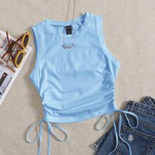 SHEIN Women's Solid Color Round Neck Side Drawstring Casual Knit Tank Top