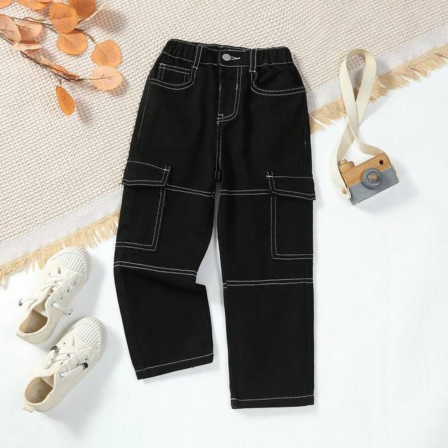 Ung flicka Fashionabla Streetwear Colorblock Vit linjedetalj Elastisk midja Loose Cargo Jeans med raka ben, mångsidigt dagligt mode viktigt året runt - Svart (6Y,7Y,4Y,5Y)