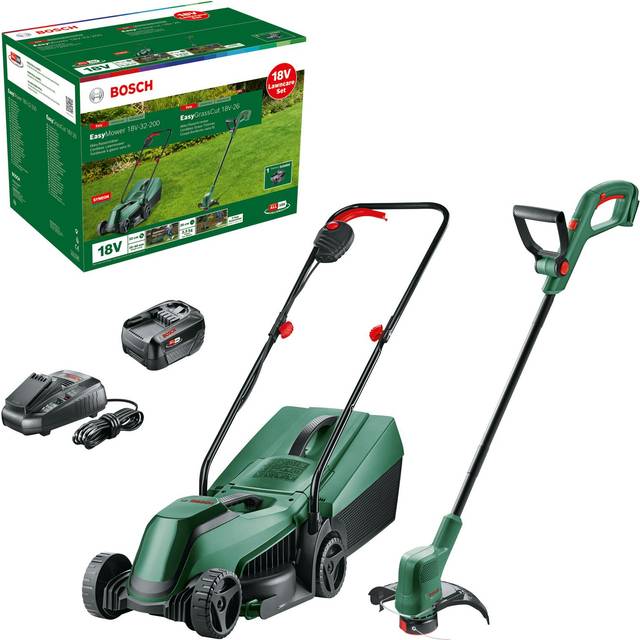BOSCH Easy Mower 18V-32-200 Cordless Rotary Lawn Mower & EasyGrassCut 18V-26 Cordless Grass Trimmer with 1 battery