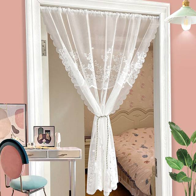 SHEIN 1pc White Lace Flower Pattern Rod Pocket Door Curtain, Romantic And Translucent Polyester Fiber Window Treatment For Living Room, Bedroom And Door Dec