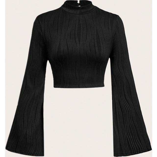 SHEIN Textured Mock Neck Keyhole Back Flounce Sleeve Black Bell Sleeves Tee