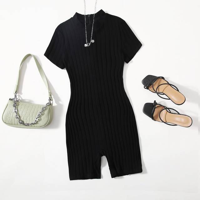SHEIN Summer Outfits Mock Neck Rib-Knit Unitard Back Romper