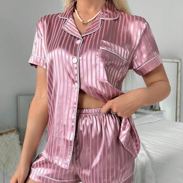 SHEIN Striped Jacquard Contrast Piping Satin PJ Set / Pajama Set