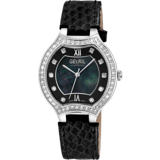 Womens Lugano Swiss Diamond , Black MOP Dial, 316L Stainless Steel Case, Genuine Italian Handmade Leather Strap. Swiss Quartz Watch - One Size