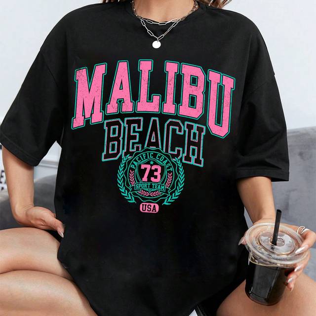 SHEIN Casual Sports Letter Print Oversized Dropped Shoulder Short Sleeve Women T-Shirt, Suitable For Summer