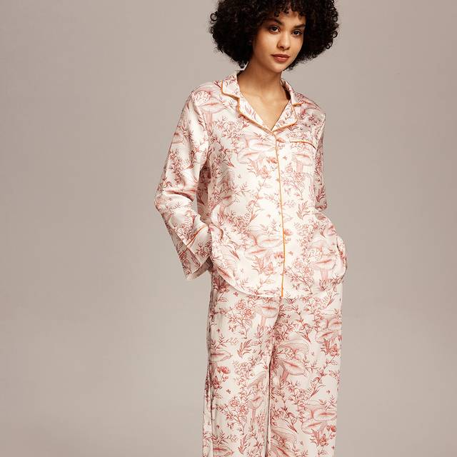 Blommönster Satin Lång Dam Pyjamas Set Lounge Set För Dam Underkläder - Orange (L,M,S,XL,XS,XXL)