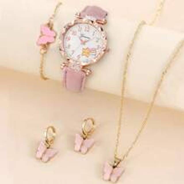 SHEIN 5pcs Elegant And Cute Girls Stars Digital Children&#39;s Watch Quartz Watch Best Butterfly Bracelet Necklace Earrings Jewelry Set Best Gift For Girl Hallo