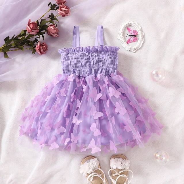SHEIN Baby Girl Butterfly Appliques Contrast Mesh Cami Dress