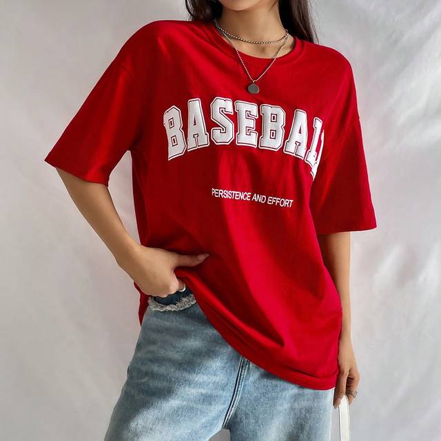 Flirla Slogan Graphic Drop Shoulder Tee BASEBALL PERSISTENCE AND EFFORT For New Year Clothes Graphic Tees Women Tops