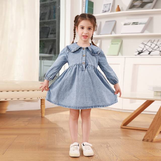 SHEIN Young Girl Elegant Daily Cut Big Collars With Ruffles Button Front Denim Dress