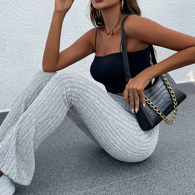 SHEIN Solid Rib Knit Flare Leg Trousers