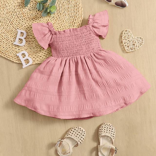 SHEIN Baby Girl&#39;S Shirred Butterfly Sleeve Dress With Comfortable, Lovely And Sweet Design For Summer