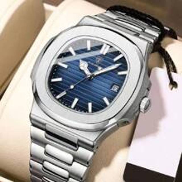 POEDAGAR 1pc Men&#39;s Luxury Waterproof Business Watch - 50M Water Resistant Square Blue Dial, Date Display, Diamond Markers, Luminous Hands - 316L Silver Stainle