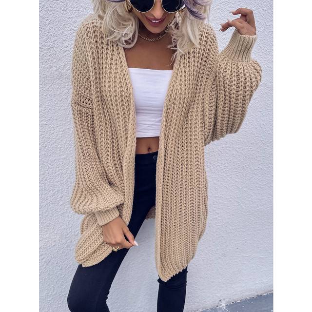 Chunky Knit Drop Shoulder Cardigan, långärmade toppar - Kaki (L,M,S,XL,XS)