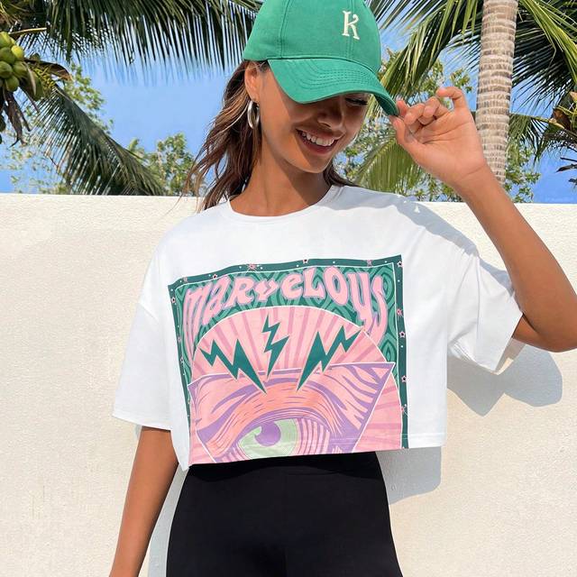 SHEIN Letter Graphic Drop Shoulder Crop Tee