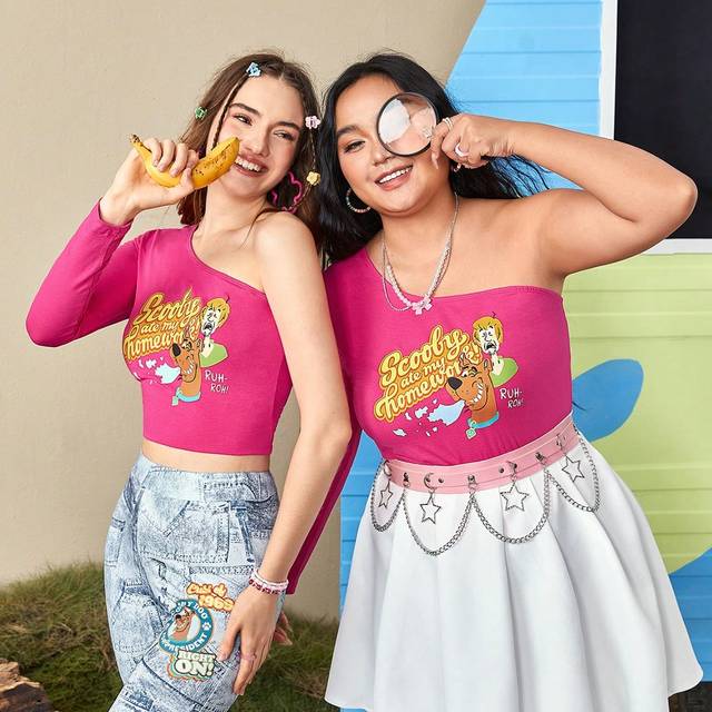 SHEIN Plus 1pc Letter & Cartoon Graphic One Shoulder Crop Tee