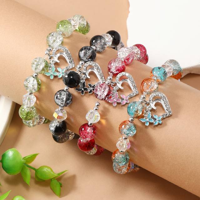 SHEIN 4pcs/Set Bohemian Style Ombre Murano Glass & Crystal Heart Charm Bracelet For Women, Birthday/Holiday Gift Valentines,Mom,Mother,Mother&#39;s Day,Gift