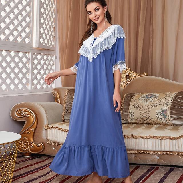 SHEIN Lace Trim Button Front Ruffle Hem Sleep Dress Pajama Long Dress