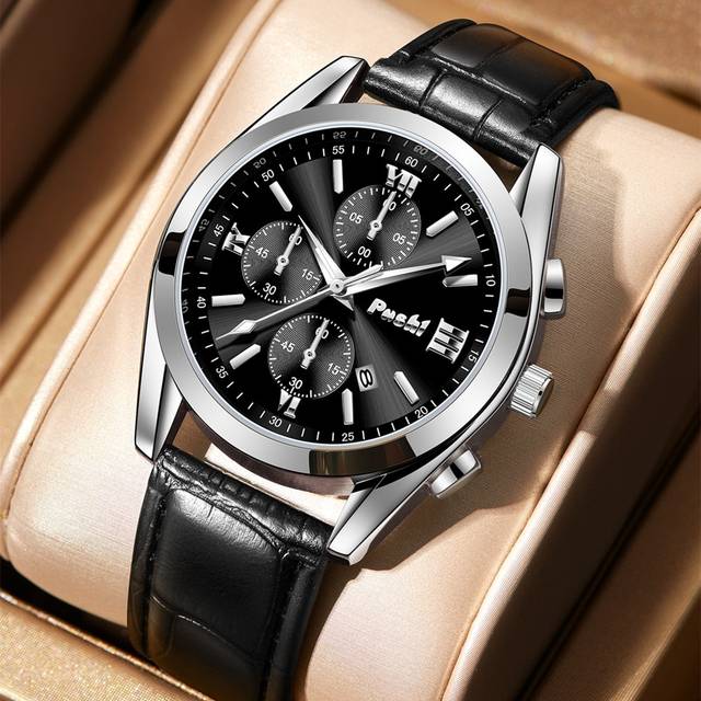 Poshi 1pc POSH Brand Fashion Men&#39;s Quartz Watch With Calendar, Leather Strap