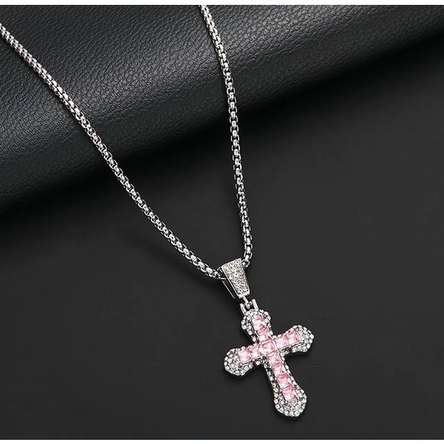 SHEIN 1pc Silver-color Cross Pendant Necklace For Men, Personalized Full Crystal Cross Sweater Chain Men&#39;s Jewelry