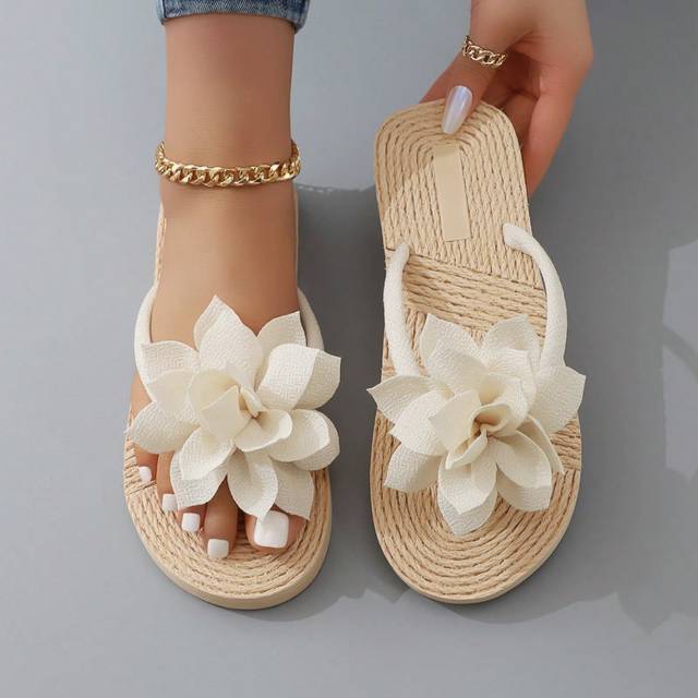 Söta färgglada blommortryck flip flop sandaler för kvinnor, strandtofflor - Beige (CN36,CN37,CN38,CN39,CN40)