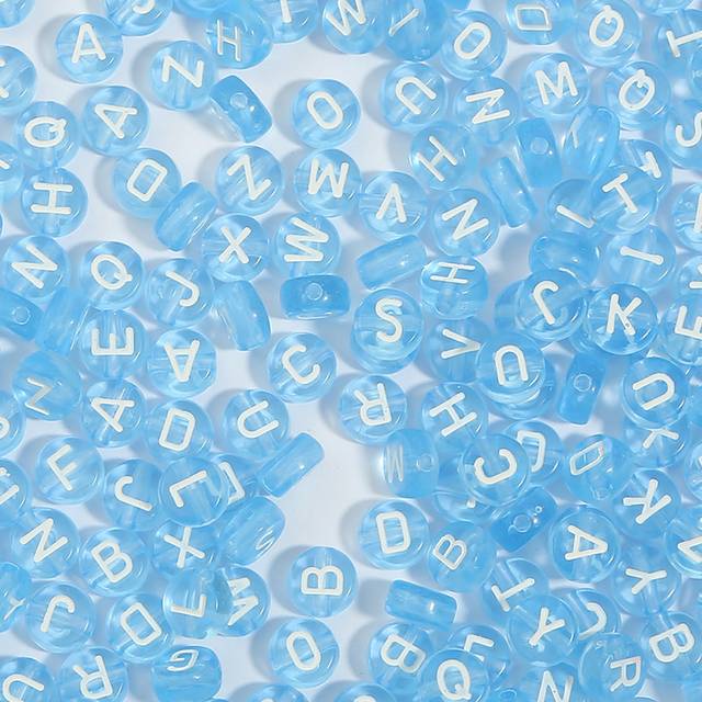 SHEIN 100pcs/pack Acrylic Semitransparent Flat Round English Letter Beads In Blue For Diy Jewelry Making
