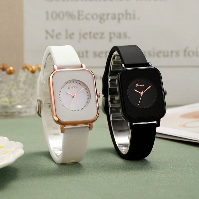 SHEIN 2pcs Couple Square Dial Quartz Watch