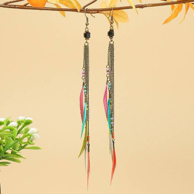 SHEIN 1pair Multicolored Feather Chain Tassel Earrings For Women, Suitable For All Seasons, Daily Life, Work, Stage Performances, Street Photography Or Fash