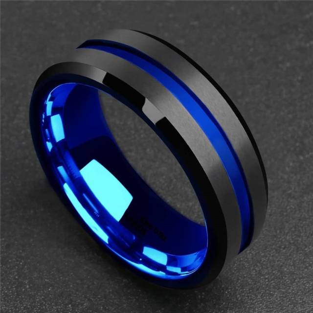 SHEIN 1Pc Fashion 8mm Matte Finish Black Stainless Steel Ring Blue Groove Wedding Band for Men&#39;s Engagement