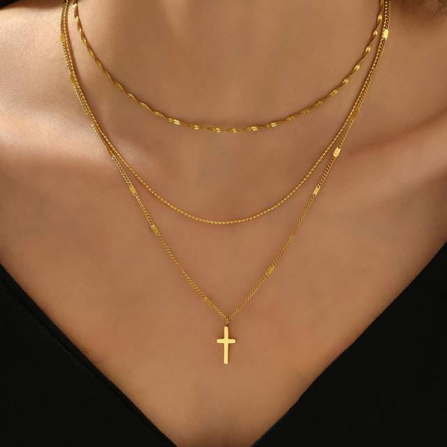 SHEIN 18k Gold Plated Multilayer Stainless Steel Cross Pendant Necklace For Women, , Suitable For Daily Wear And Holiday Gifts, Best Friend Gifts