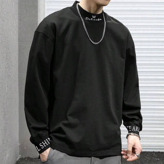 Manfinity Men T-Shirts Baggy Mock Neck Drop Shoulder Long Sleeve Casual College School Spring Polyester Tee