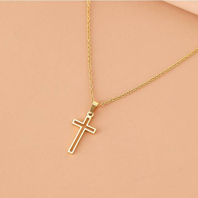 Rostfritt stål halsband för kvinnor älskares guld och rosa guld färg kedja kors halsband litet kors smycken (En-Storlek)