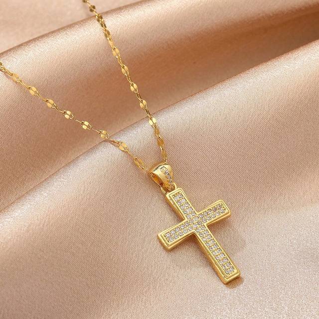 1 st mode rostfritt stål strass kors hänge halsband för kvinnor för gåva - Gult guld (En-Storlek)