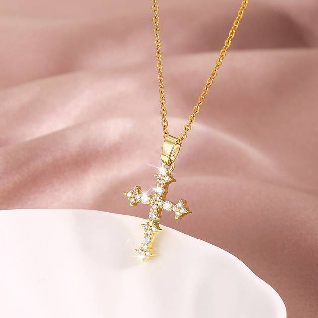 1 st Rhinestone Cross Charm halsband, rostfritt stål smycken - Gult guld (En-Storlek)