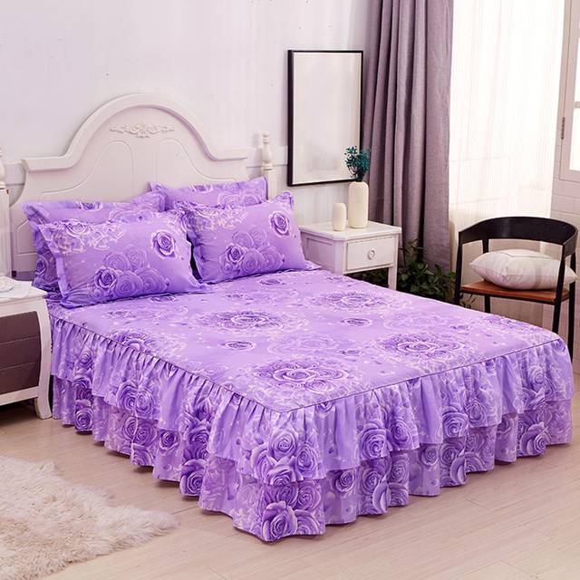 SHEIN 1pc Multicolor Double Layer Lace Trimmed Single Bed Skirt With Korean Style, Non-Fading, Non-Pilling, Soft & Skin-Friendly, Printed Bedspread Suitable