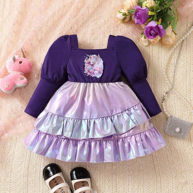Bebis Flicka Enhörningstryck Gigot Ärmar Nederkant med volanger Klänningar - Multifärgad (6-9M,9-12M,12-18M,18-24M,2-3Y)
