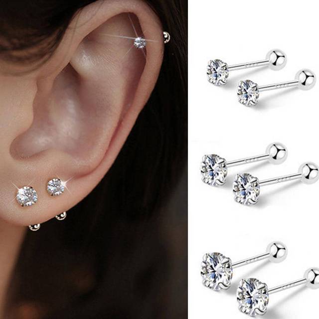 GAGAFEEL 1pair Simple Stylish Personality&Charm&Vintage&Fashionable S925 Silver&Zirconia Four Claw&Ball&Rivet&Thread Screw Earrings, Valentine&#39;s Day Gift For G