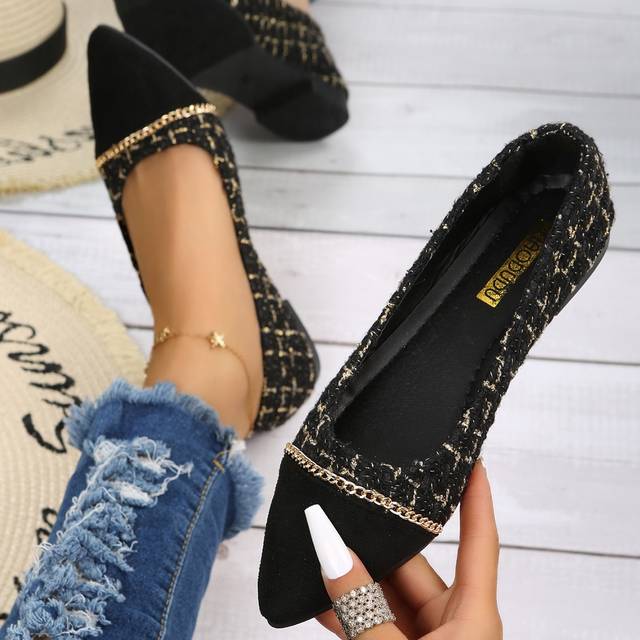 Skarvning Design Kedja Dekor Balett Flats, Svart Elegant Metal Chain Rutiga Platta Damskor (CN35,CN36,CN37,CN38,CN39,CN40,CN41,CN42)