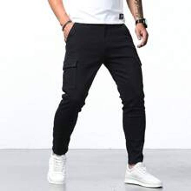 Manfinity Men&#39;s Side Pocket Skinny Fit Jeans Slim Long Washed Dark Jean Cargo Plain Black Work Business Casual Husband