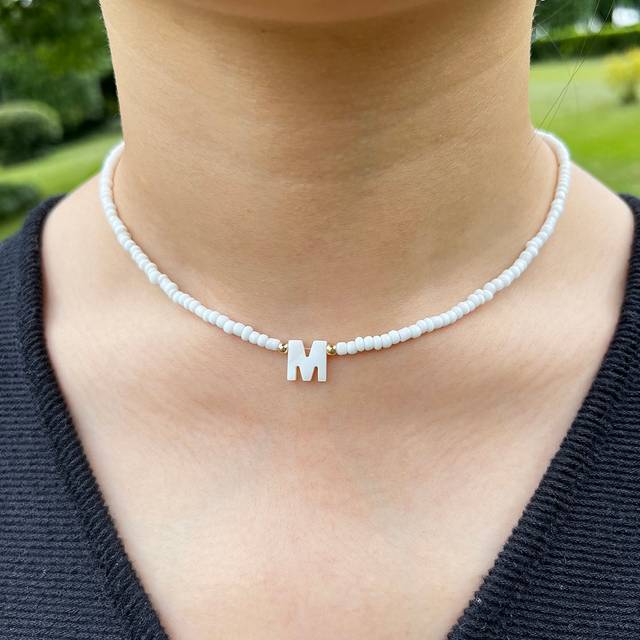 SHEIN Natural Shell Alphabet Pendant Necklace With White Faux Pearl  Beads For Women, Choker Style, Ideal For Vacation And Gifting
