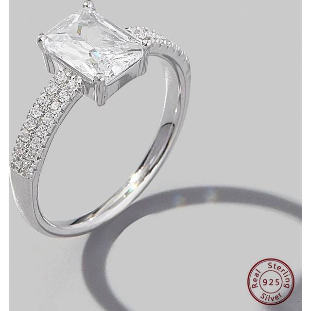 Vaerine 1pc Fashionable & Elegant Classic 925 Sterling Silver Double Row Micro-Inlaid Rectangular Main Stone Couple Ring, Engagement, Party, Date Gift, Enhanc