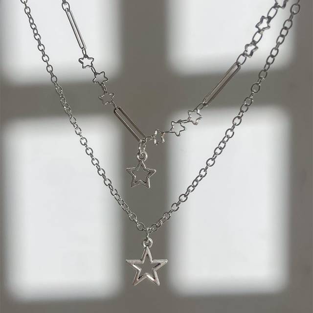 SHEIN 1pc Multiple Layered Silver Star & Sun Pendant Handmade Chain Necklace Suitable For Women&#39;s Everyday Wear