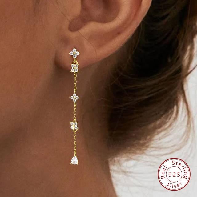 Newsoul 1 Pair Of Sparking Real 925 Sterling Silver Chain Tassel Petal Inlaid Cubic Zirconia Drop Earrings For Women Anniversary Gift Original Designed Glamor