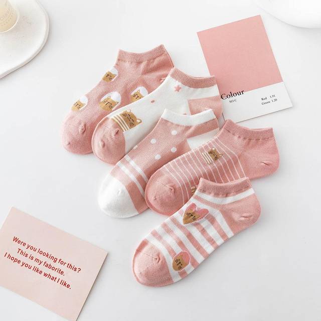SHEIN 5 Pairs Of Cute Heart Patterned Short Socks With Cat Face