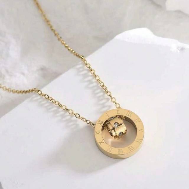 SHEIN 1pc Roman Double Rings CZ Decor Stainless Steel Pendant Necklace