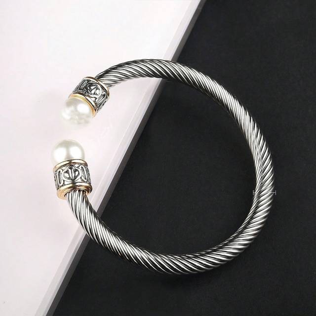 SHEIN European & Americana Style Stainless Steel Cable Bracelet With Natural Stone Twisted Rope Ornament & Adjustable Cuff Titanium Steel Bracelet