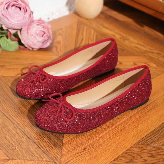Halkskyddande rosett för kvinnor, rund tå Balett, eleganta glitter enfärgade fritidsskor för fyra säsonger - Röd (CN35,CN36,CN37,CN38,CN39,CN40,CN41,CN42,CN43)
