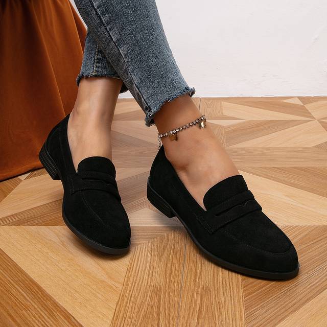 SHEIN Women&#39;s Flat Leather Loafers, Black, Non-Slip Sole, Soft Footbed, Slip-On Casual Shoes For Home And Office