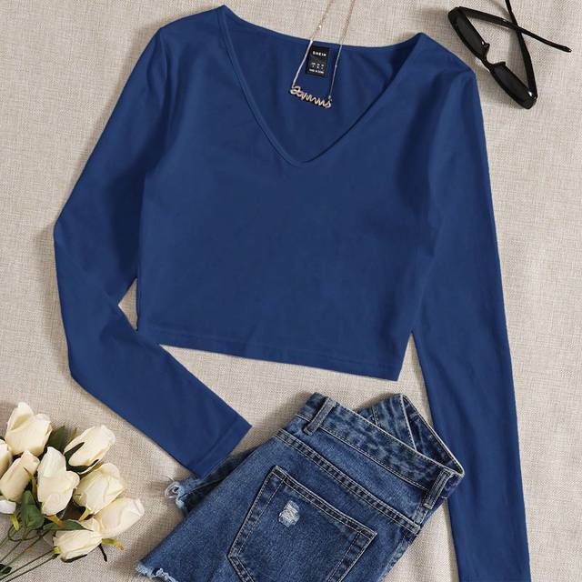 SHEIN Solid V Neck Crop Tee